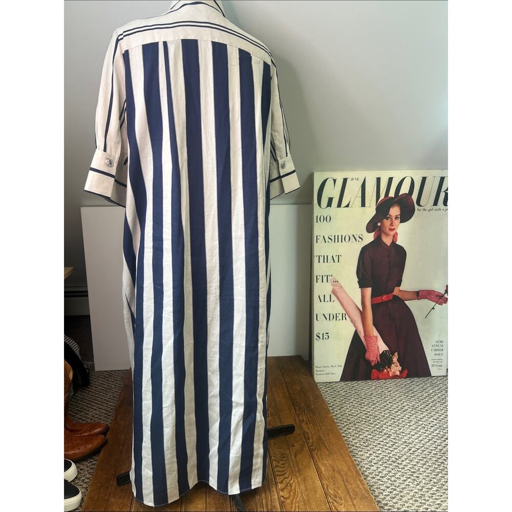 Striped Button-Front Shirt Maxi Dress Vilagallio Linen in tan navy 3/4 sleeve - Picture 6 of 7